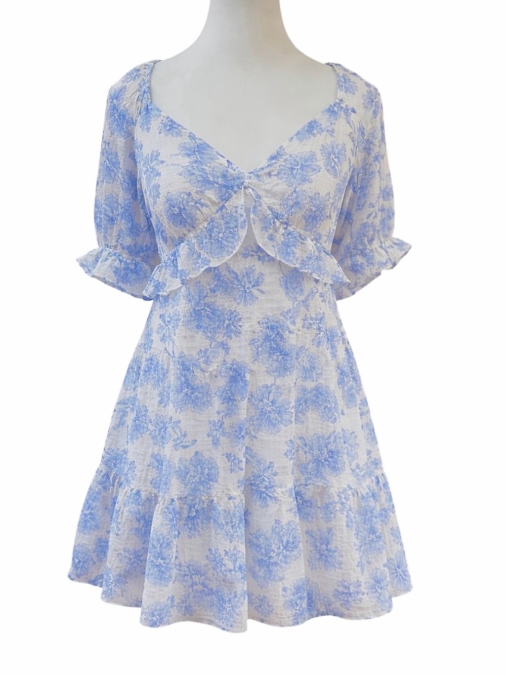 Trixxi NWT Blue Floral Cottagecore Mini Dress Puff Sleeve Smocked Back Size